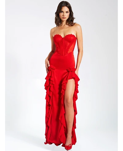 Miss Circle Women's Talia Red Satin Lace Corset Maxi Dress