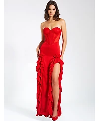 Miss Circle Women's Talia Red Satin Lace Corset Maxi Dress