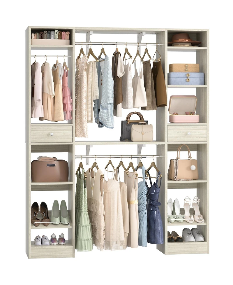 Aheaplus 58" - 90'' W Closet System with 2 Drawers, Large Walk-in Closet Organizer with 3 Hanging Rods and Shelves