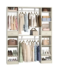 Aheaplus 58" - 90'' W Closet System with 2 Drawers, Large Walk-in Closet Organizer with 3 Hanging Rods and Shelves