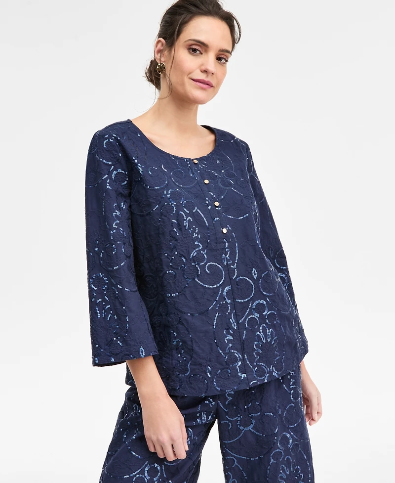 Jm Collection Women's Sequin Eyelet 3/4-Sleeve Top, Macy's Exclusive