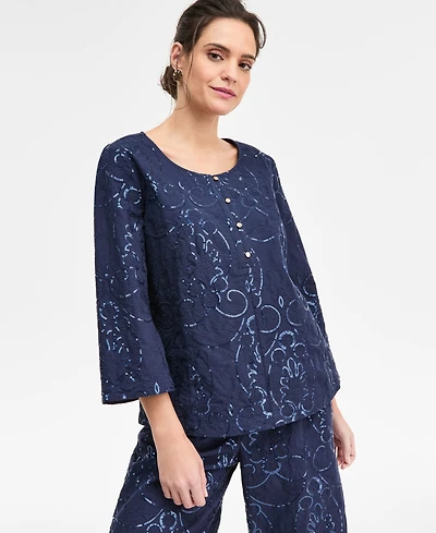 Jm Collection Women's Sequin Eyelet 3/4-Sleeve Top, Macy's Exclusive
