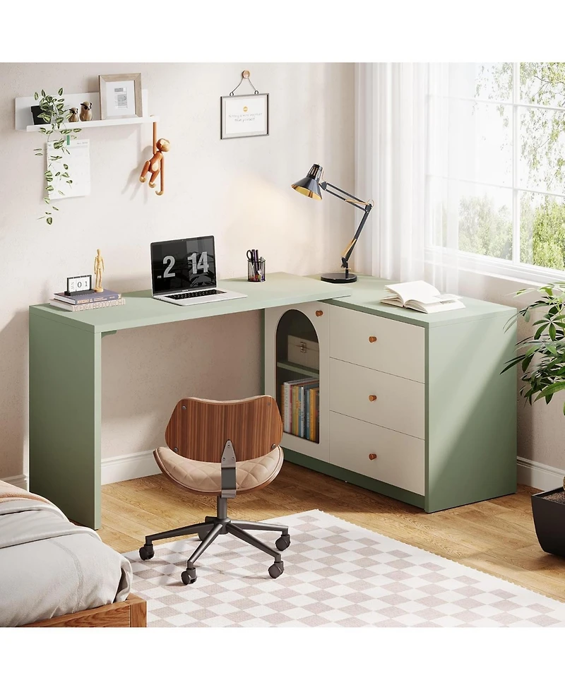 Tribesigns L-Shaped Gaming Desk with Drawers, Modern Corner Home Office Desk & Computer Desk,Cyan & White