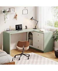 Tribesigns L-Shaped Gaming Desk with Drawers, Modern Corner Home Office Desk & Computer Desk,Cyan & White