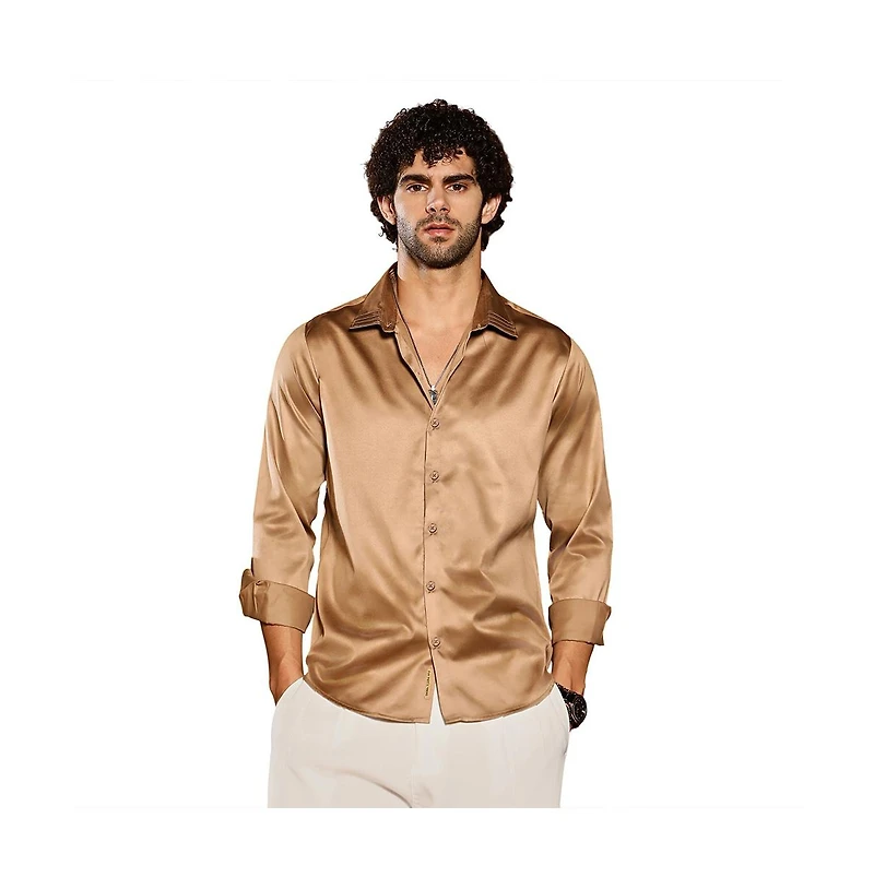 Campus Sutra Men's Sand Beige Solid Satin Shirt