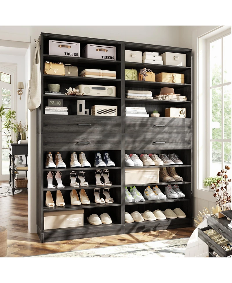 Aheaplus 8-Tier Shoe Rack with 2 Drawers, 80'' High Wooden Shoe Cabinet with Adjustable Shelves