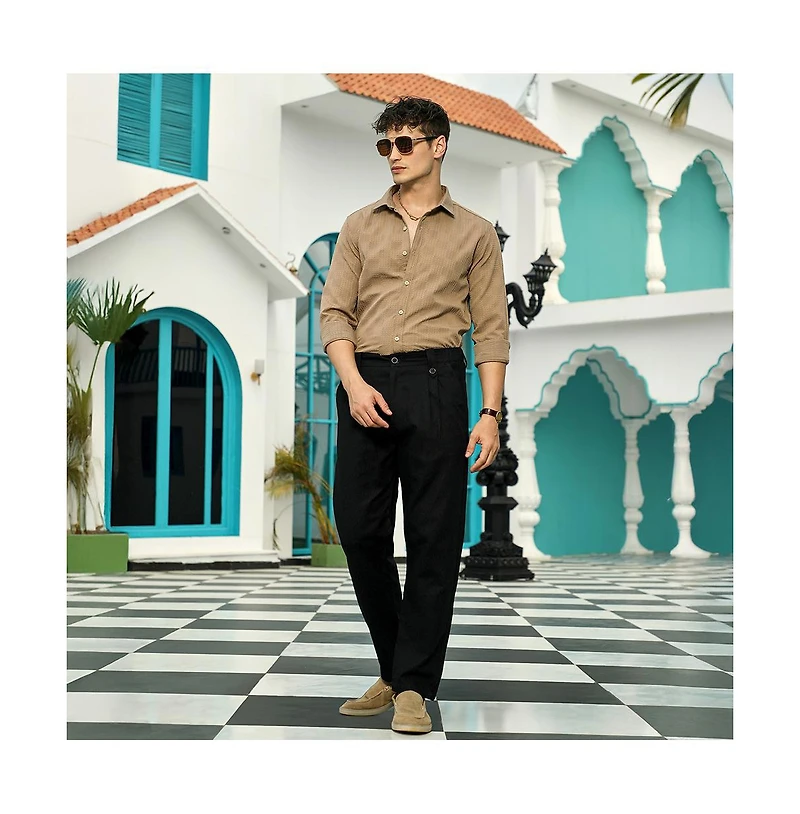 Campus Sutra Men's Ash Brown Grid-Check Tactile Shirt