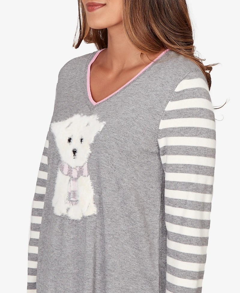 Ruby Rd. Petite Maltese Puppy Striped Sleeve Pullover Sweater