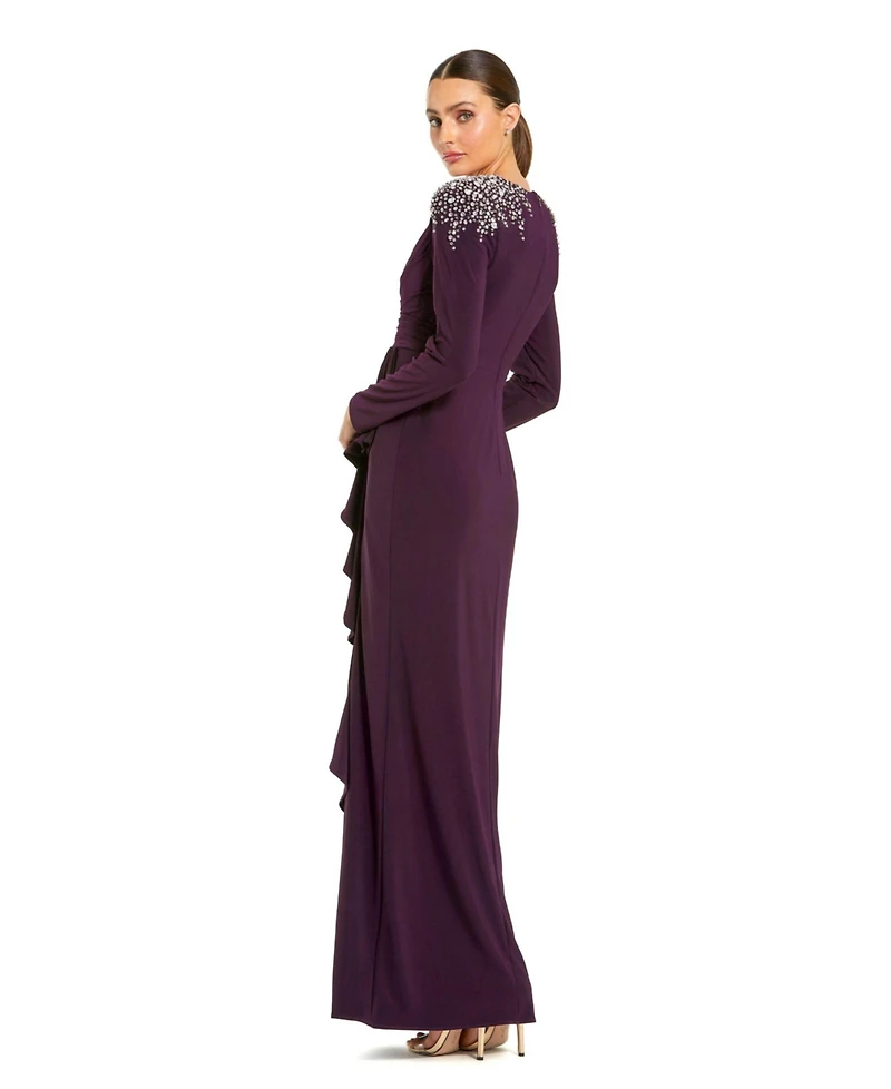 Mac Duggal Women's Long Sleeve Gown with Cascading Ruffle & Rhinestone Shoulders