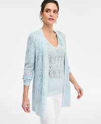 Jm Collection Womens Pointelle Open Front Cardigan Short Sleeve Pointelle V Neck Sweater Side Button Pull On Capri Pants Macys Exclusive