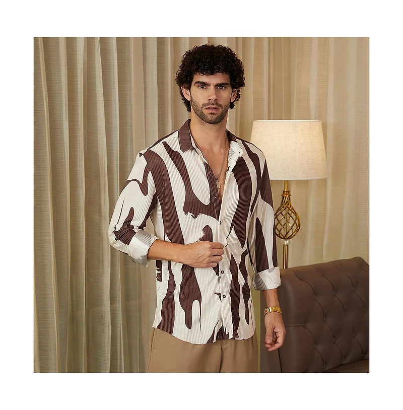 Campus Sutra Men's Chocolate Brown & Daisy White Contour-Lines Pleated Shirt