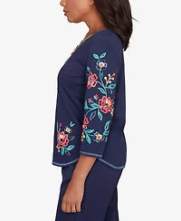 Alfred Dunner Women's Saratoga Springs Embroidered Sleeve Knit Top with Necklace