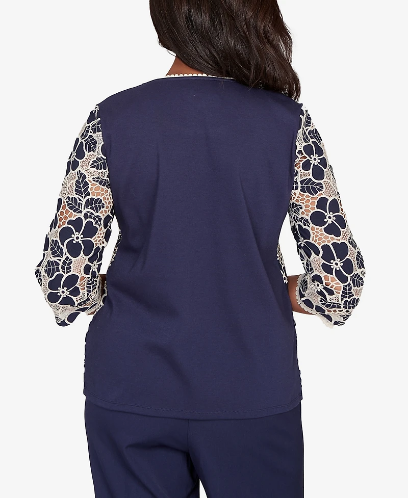 Alfred Dunner Women's Saratoga Springs Floral Lace Trim Soft Knit Top