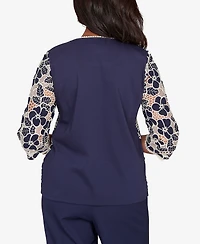 Alfred Dunner Women's Saratoga Springs Floral Lace Trim Soft Knit Top