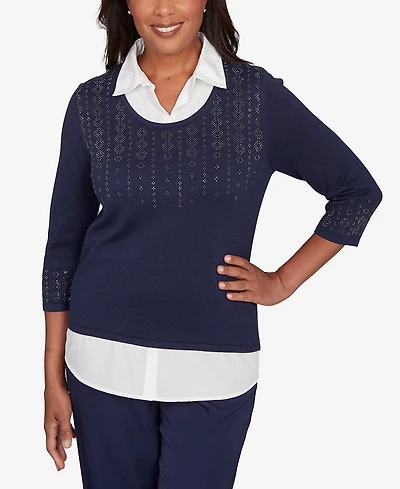 Alfred Dunner Women's Saratoga Springs Metallic Studded Textured Two One Sweater