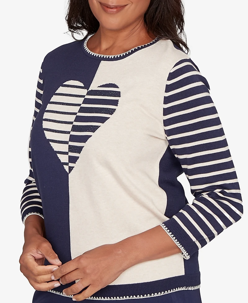 Alfred Dunner Women's Saratoga Springs Heart Motif Detail Striped Sweater