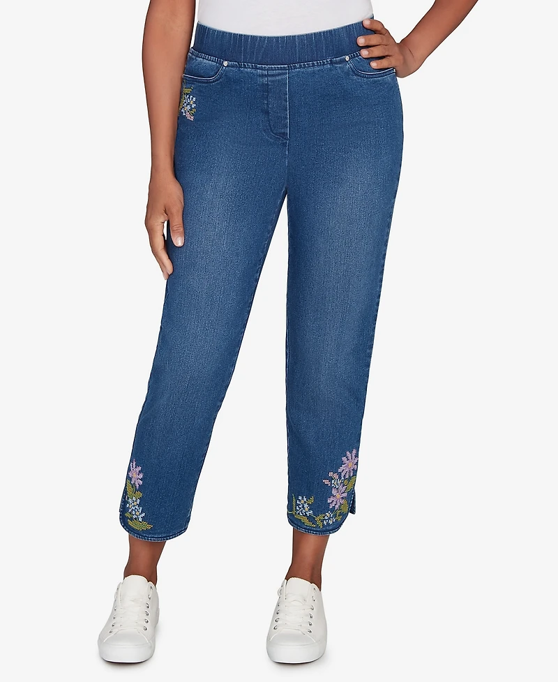 Alfred Dunner Women's Hilton Head Cross Stitch Flower Embroidery Ankle Pants
