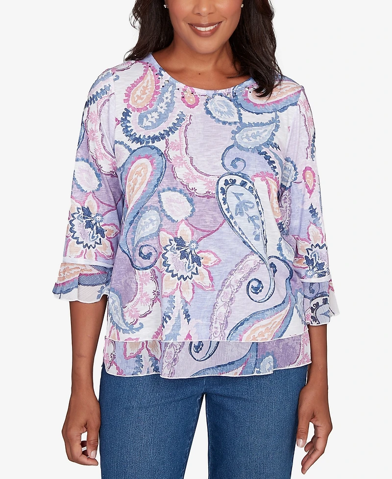 Alfred Dunner Women's Hilton Head Paisley Print Layered Hem Knit Top