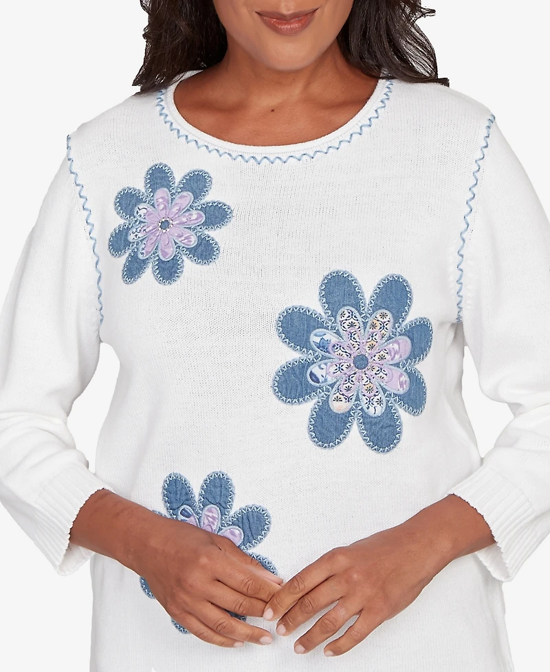 Alfred Dunner Women's Hilton Head Quilted Denim Applique Flower Sweater