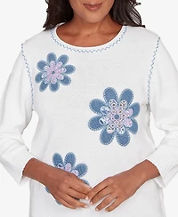Alfred Dunner Women's Hilton Head Quilted Denim Applique Flower Sweater