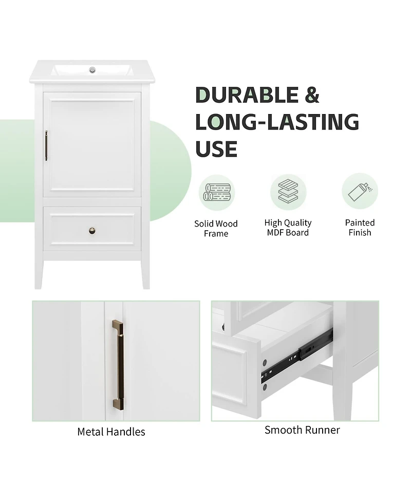 Boyel Living 20" Bathroom Vanity with Sink, Bathroom Cabinet with A Door, Door Shelf Storage and Adiustable Foot Pads, A Drawer, White