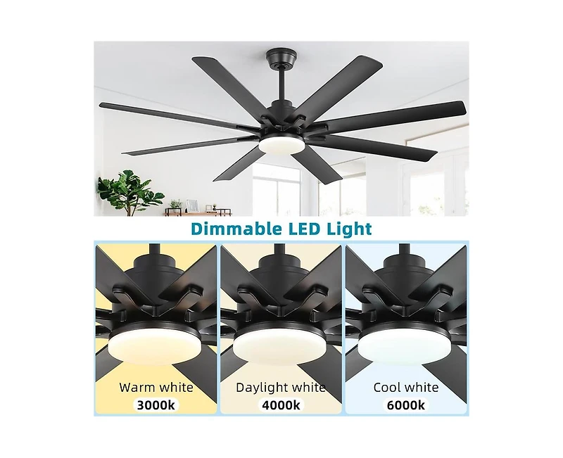 66-inch Modern Black 8-blade Ceiling Fan with Intelligent Remote Control and App Timing Function for Various Indoor Layouts