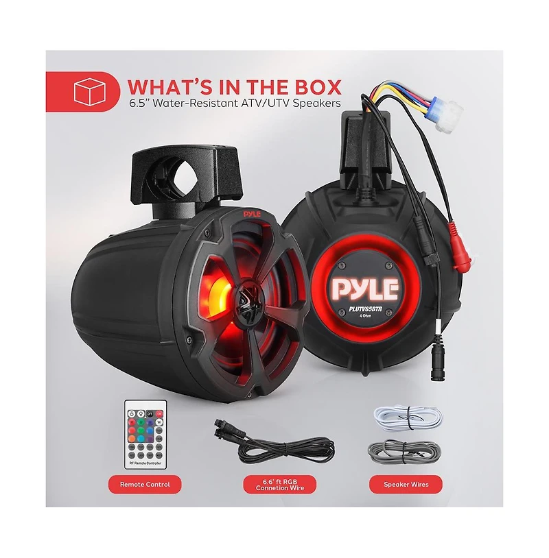 6.5'' Water-Resistant Marine / Off-Road Bt Speakers, 1200 Watt Amplified Vehicle System with Rgb Lights & Remote Control