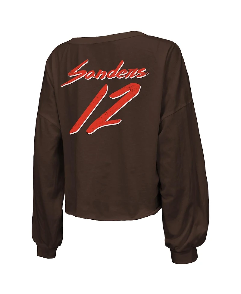 Majestic Threads Women's Shedeur Sanders Brown Cleveland Browns Name Number Off-Shoulder Script Cropped Long Sleeve Relaxed V-Neck T-Shirt