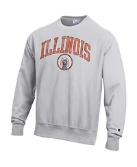 Champion Men's Heather Gray Illinois Fighting Illini Distressed Arch Over Logo Reverse Weave Crew Neck Sweatshirt