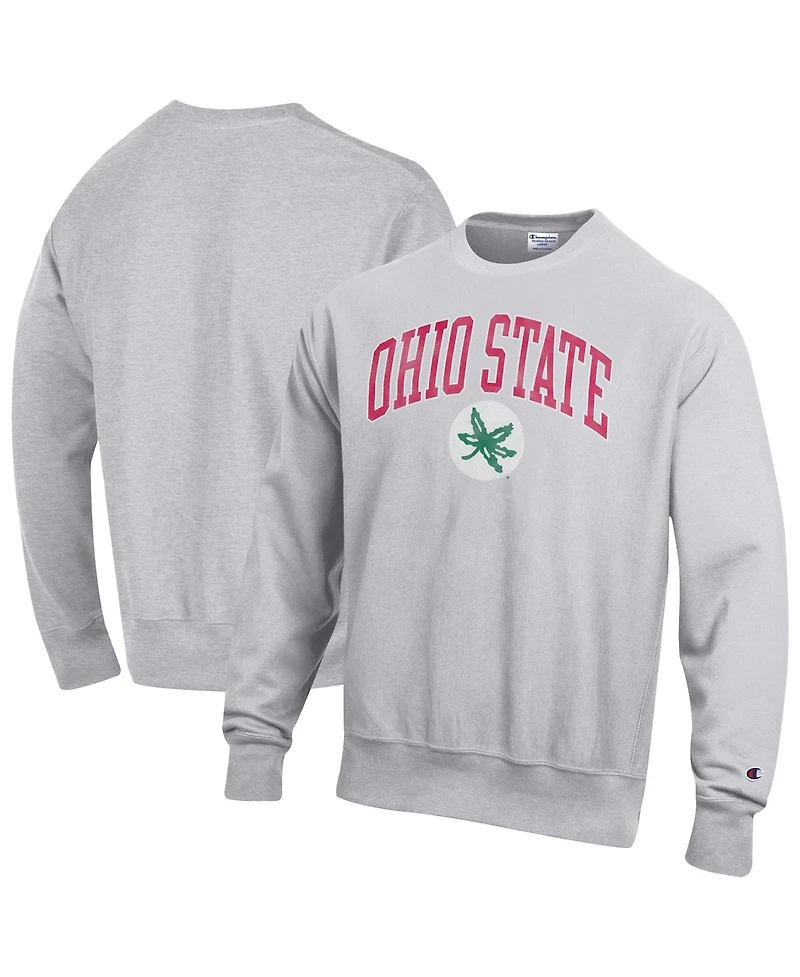 Champion Men's Gray Ohio State Buckeyes Distressed Arch Over Logo Reverse Weave Crew Neck Sweatshirt