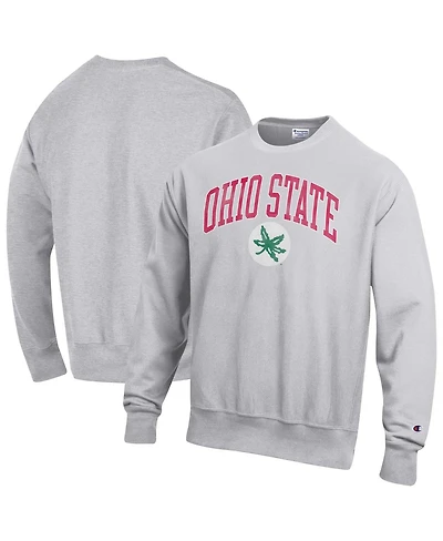 Champion Men's Gray Ohio State Buckeyes Distressed Arch Over Logo Reverse Weave Crew Neck Sweatshirt