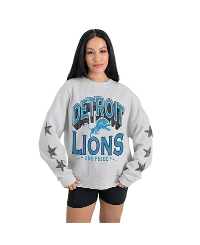 Gameday Couture Women's Ash Detroit Lions Resilience Relaxed Rhinestone Pullover Sweatshirt