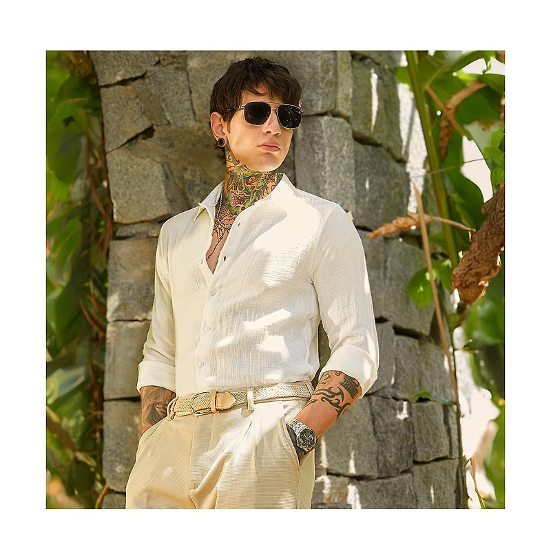 Campus Sutra Men's Daisy White Breezy-Weave Shirt