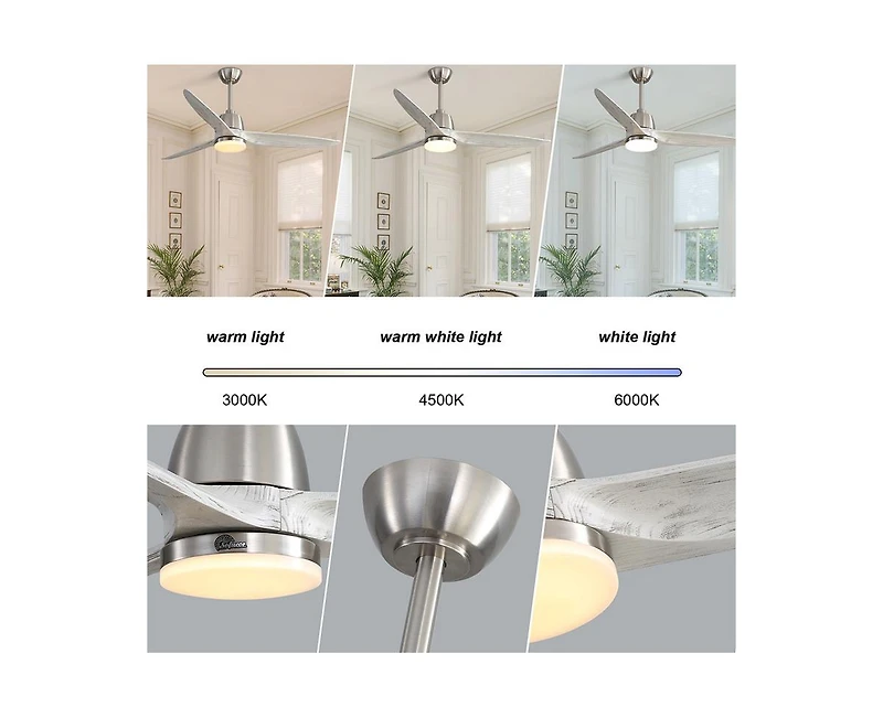 56-inch Modern Golden 3 Solid Wood Blade Tri Color Dimming Ceiling Fan with Six Speed Remote Control and Forward Reverse Function for Indoor