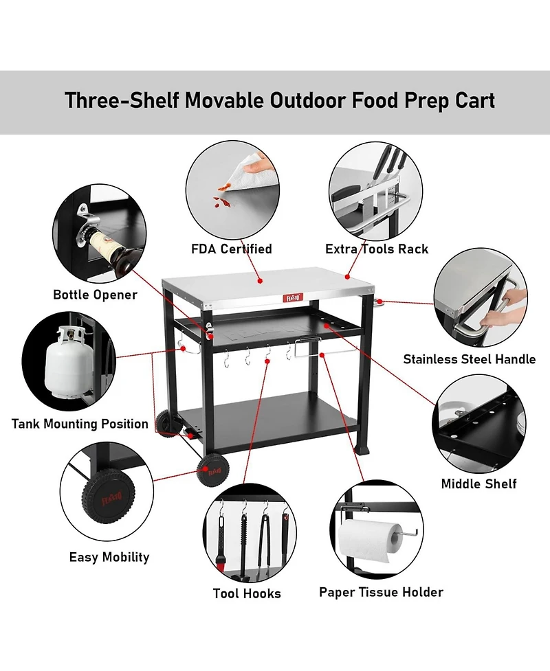 3Shelf Outdoor Grill Table Pizza Oven Table for Outside Movable Grill Cart with Wheels Indoor Outdoor Cooking Station