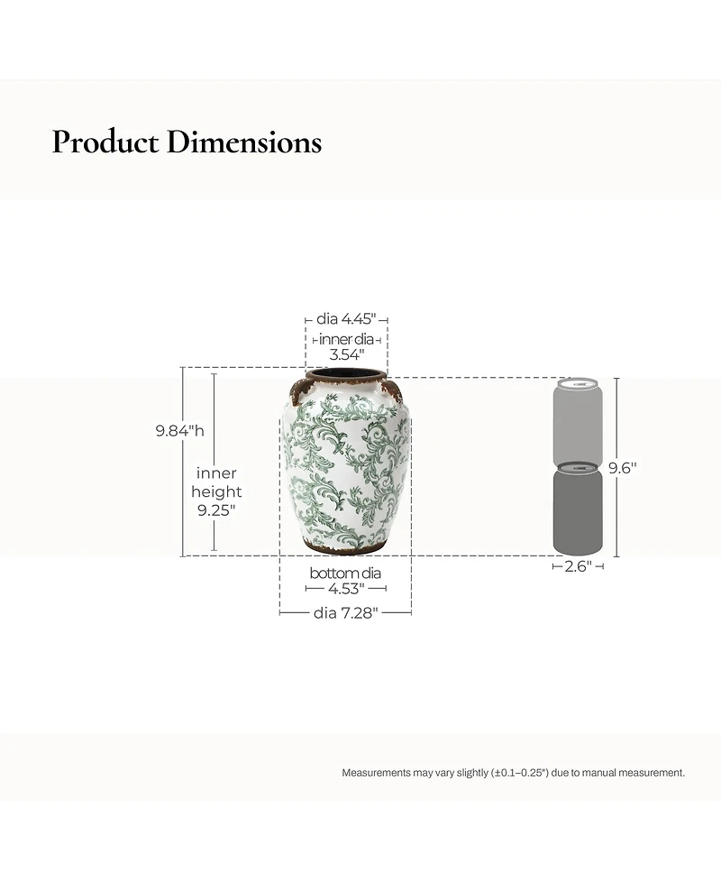 LuxenHome Green Floral Wide-Mouth Waterproof Ceramic Vase, 7.28" Round Indoor Home Decor