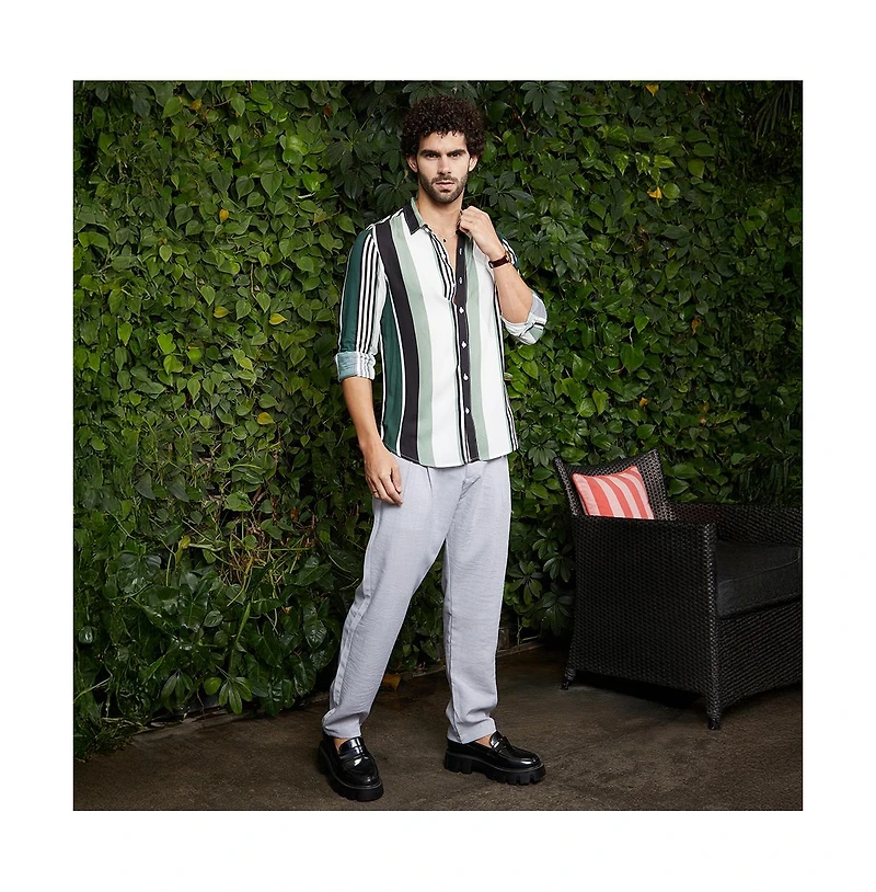 Campus Sutra Men's Jungle Green & Cream White Multitrack-Striped Shirt
