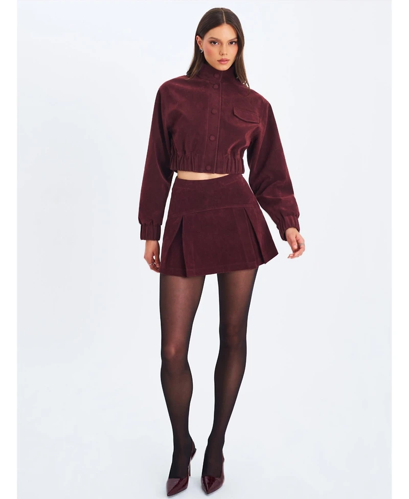 Miss Circle Women's Faryn Mahogany Faux Suede Pleated A-Line Mini Skirt