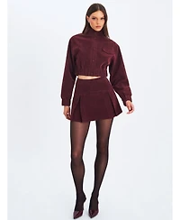 Miss Circle Women's Faryn Mahogany Faux Suede Pleated A-Line Mini Skirt