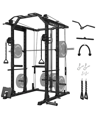 Mikolo Power Cage with Cable Crossover & Lat Pulldown System, 1500LB Home Gym Rack (Red)