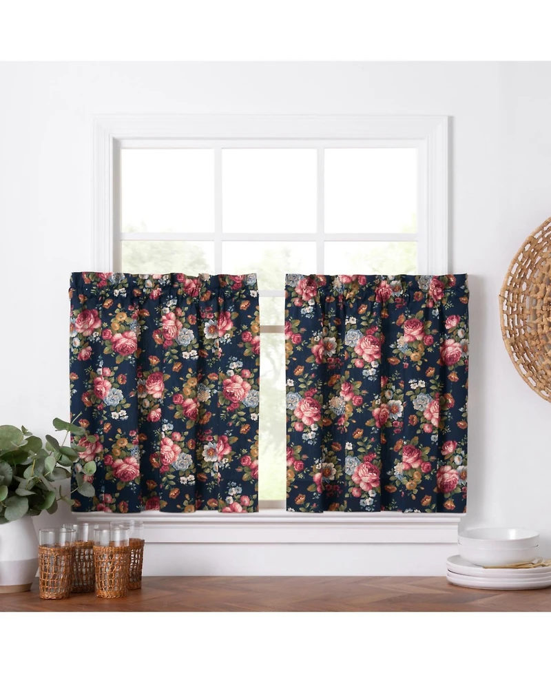 Ellis Bella Rose Stylish Medium Scale Printed Floral Pattern 1.5" Rod Pocket Tier 56"x24" Navy