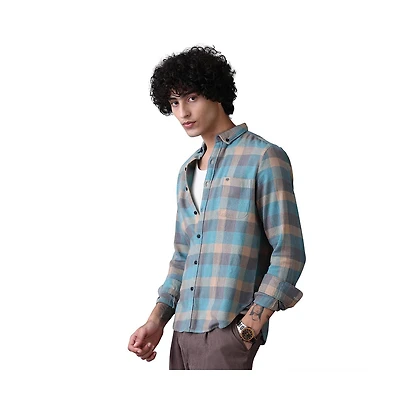 Campus Sutra Men's Sky Blue & Ecru Beige Block-Buffalo Regular Shirt