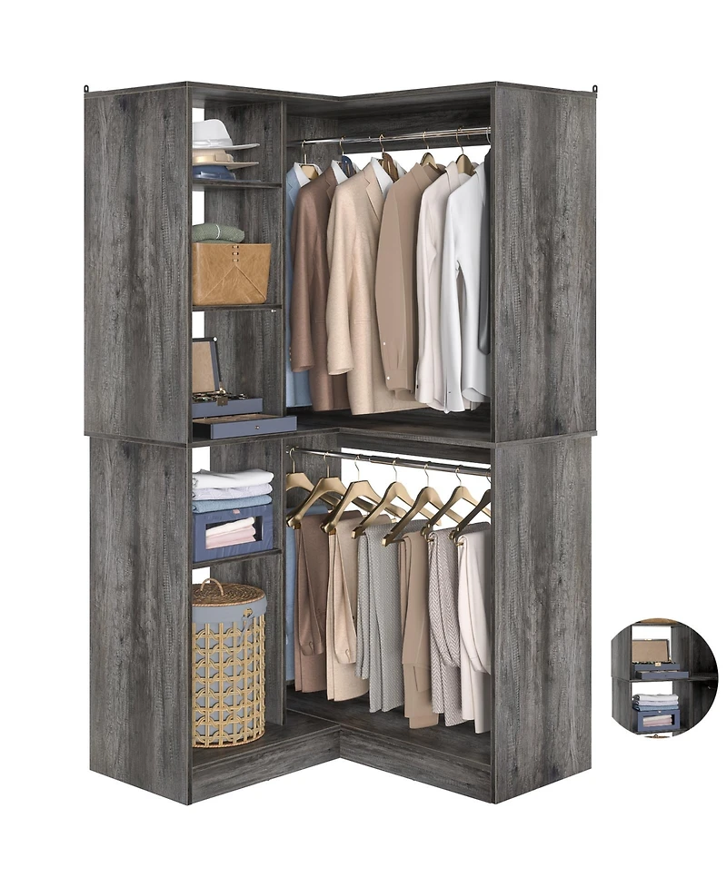 Aheaplus Freestanding Corner Closet System, 36'' Organizer System with 8 Shelves & 2 Hanging Rods for Closet/Bedroom