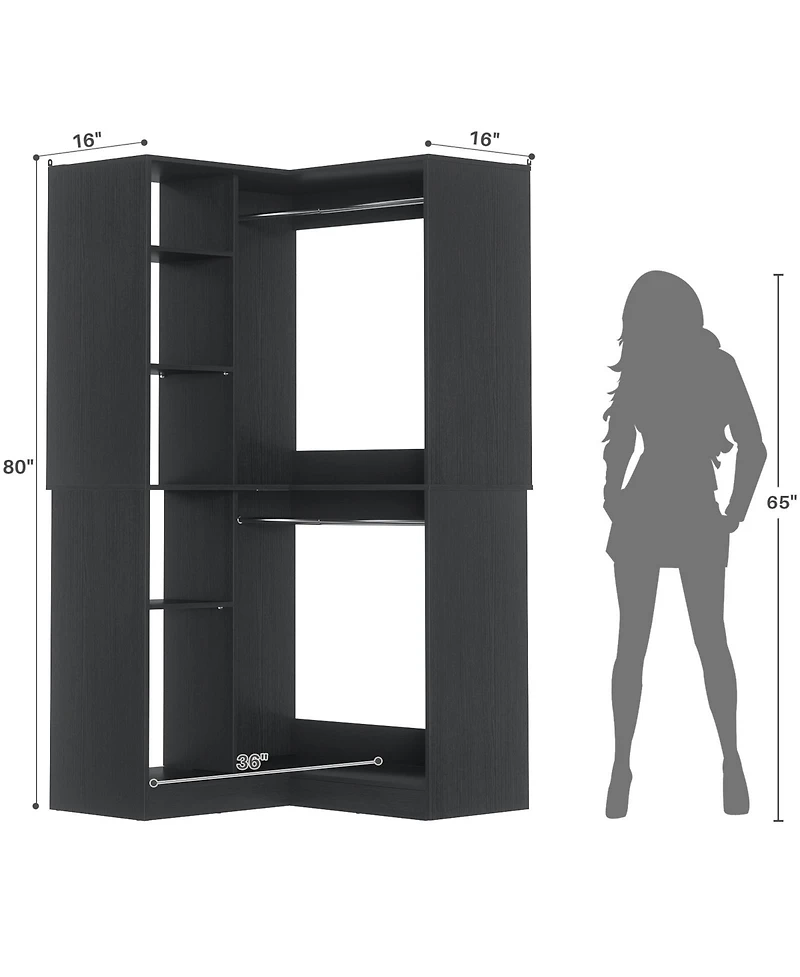Aheaplus Freestanding Corner Closet System, 36'' Organizer System with 8 Shelves & 2 Hanging Rods for Closet/Bedroom