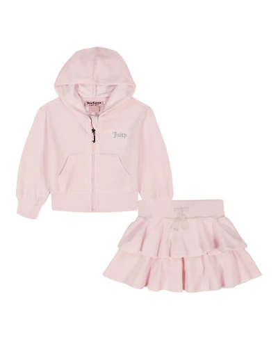 Juicy Couture Girls Toddler 2T-4T 2-Piece Velour Full Zip Hoodie and Skirt Set