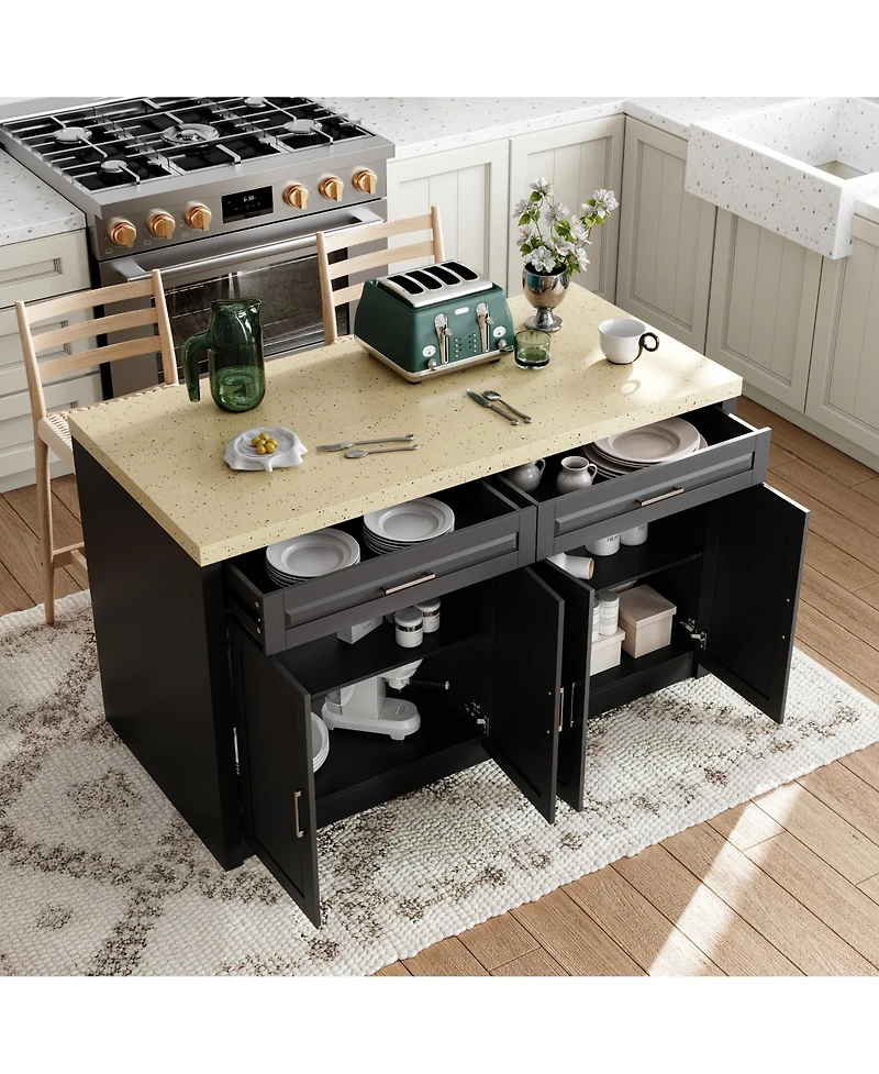 kitchen island with 2 drawers, 4 doors, storage table sockets, coffee station and microwave rack for home, dining room