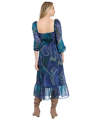 London Times Women's Bishop Sleeve Smocked Back Midi Dress