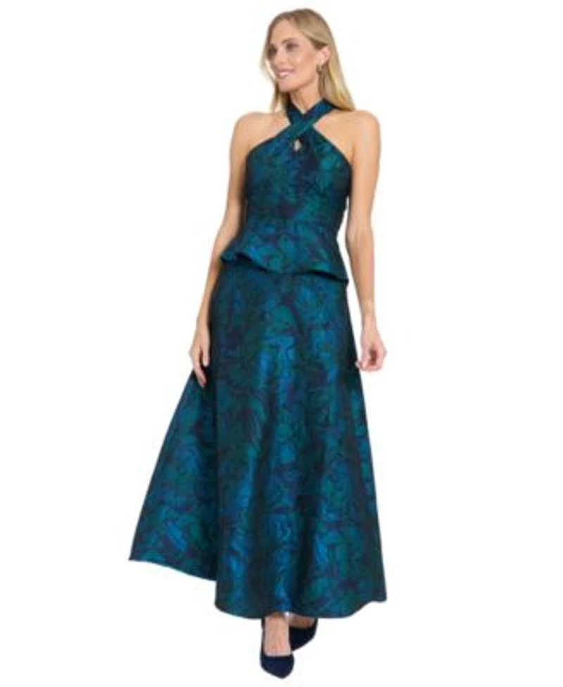 Muse Womens Criss Cross Halter Neck Top Brocade Midi Skirt