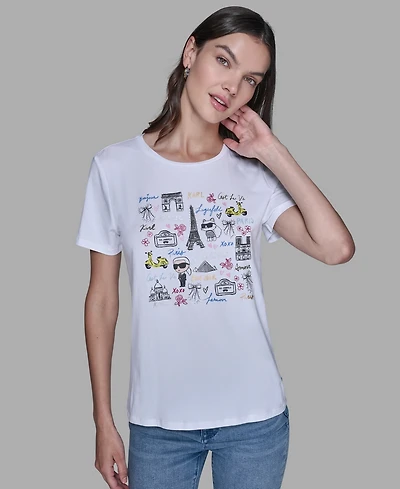 Karl Lagerfeld Paris Women's Mixed Motif Printed T-Shirt