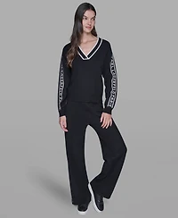 Karl Lagerfeld Paris Women's Logo Tape V-Neck Sweater